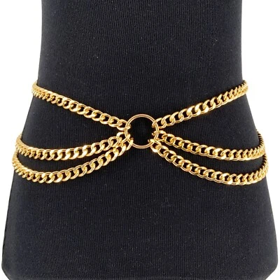 Women 3 layers O-ring Gold Silver Metal Chain Linked Boho Concho Belt Necklace - Image 1 of 4
