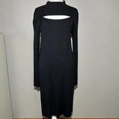 Vestido midi House of Harlow 1960 negro ceñido al cuerpo acanalado dobladillo abertura talla XL Foto 1 de 4