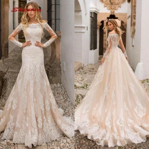 Champagne Lace Tulle Mermaid Wedding Dresses Long Sleeve Detachable Bridal Gowns - Picture 1 of 2