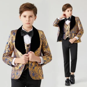 Suit Boy wedding dress Costume Children's Blue Gold suit black collar suit 3PCS - Picture 1 of 8