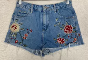 TopShop Mamá Pantalones Cortos de Denim Para Mujer 4 Bordados Floral Dobladillo Crudo Corte Festival - Imagen 1 de 12