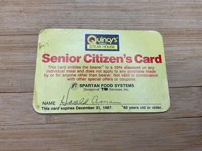 Vintage Quincy’s Steak House Senior Citizens Discount Card  Expired  1987 - S91 - Image 1 of 4
