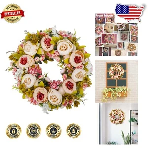 Vibrant 19-Inch Artificial Peony Flower Wreath for Indoor and Outdoor Decor - Picture 1 of 8