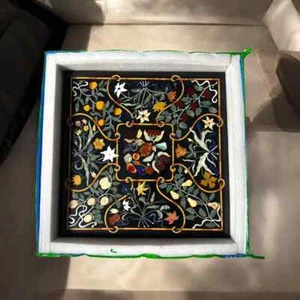 Square Marble Inlay Table Top – Black Semi Precious Stone Coffee Table Handmade - Picture 1 of 9