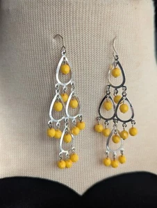 Silver Tone Drop Yellow Chandelier Dangle Fashion Earrings - Picture 1 of 3
