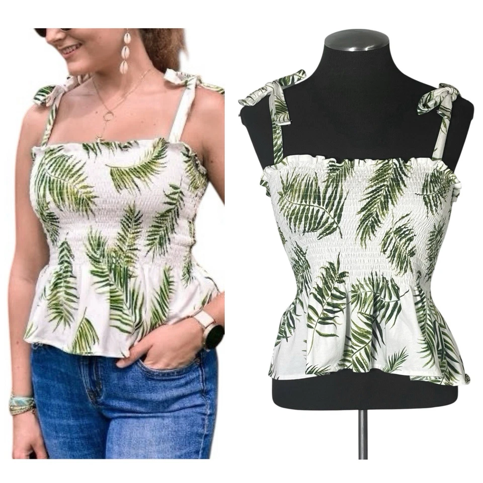 H&M - Top corto de mezcla de algodón con estampado de hojas de palma - Pequeño Foto 1 de 4