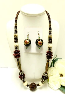 VINTAGE BOHO TRIBAL BEAD NECKLACE & KUI BEAD EARRING JEWELRY SET 24" - Picture 1 of 6