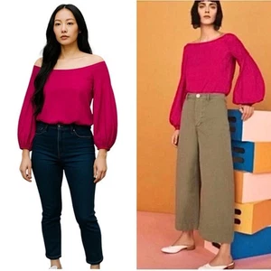 NEW Anthropologie Floreat Mazza Linen Blend Blouse Size 6 Pink Off The Shoulder - Picture 1 of 16
