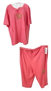 Liz &Me 2-teiliges Plus Size 2X Shirt Capri Hose Set rosa bestickt Palme - Bild 1 von 11
