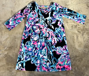 Lilly Pulitzer Girls Dress Luxe Velour Bright Navy All Caught Up Sz M 6-7 Artsy - Picture 1 of 6