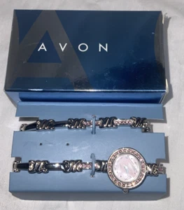 Vintage Avon Silver Tone Pink Rhinestone Watch & Bracelet - Picture 1 of 4