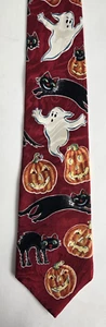 Ghosts Jack O'Lanterns Black Cats Silk Tie Halloween Hallmark Happy Haunting USA - Picture 1 of 8