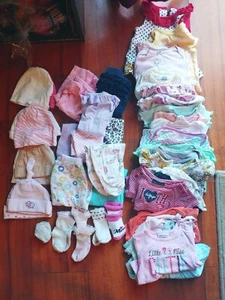 Baby Girl 0-3M Clothes 43 Piece Lot Sleepers, Pants, Hats, Socks Floral, Cats - Picture 1 of 4