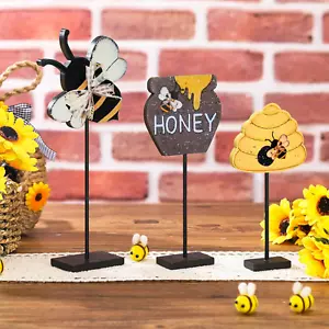 3 Pcs Bee Decor Summer Decorations Set Bee Tiered Tray Honeycomb Wood Table Sign - Picture 1 of 12