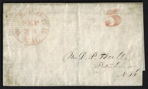 US 1822 WALPOLE NH 5 PAID IN RED ON FOLDED LETTER TO PETERBORO NH - Picture 1 of 1