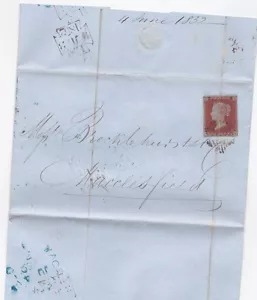 1852 JUN 4 BLUE MACCLESFIELD TRAVELLER SKELETON PMK LONDON >BROCKLEHURST BANKERS - Picture 1 of 2