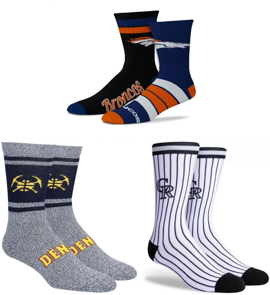 Paquete de 4 calcetines para hombre Denver Fan Broncos Nuggets Rockies NFL NBA MLB Colorado Teams Foto 1 de 1