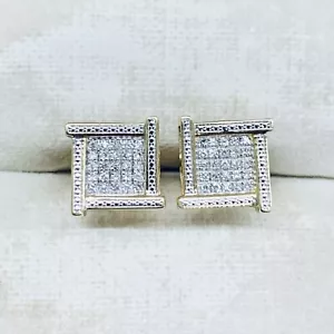 0.25 Ct 14k Yellow Gold Round Diamond Cluster Square Halo Post Stud Earrings 9mm - Picture 1 of 7