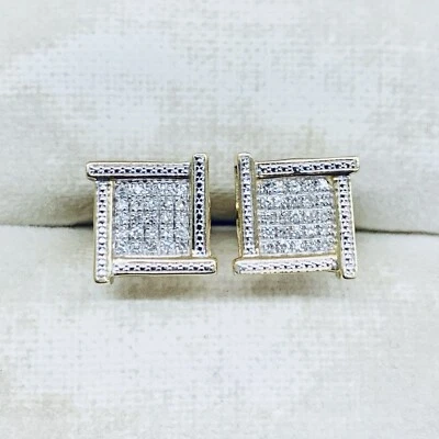 0.25 Ct 14k Yellow Gold Round Diamond Cluster Square Halo Post Stud Earrings 9mm - Image 1 of 4