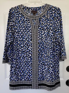 Dana Buchman XL Black Blue Geometric Print 3/4 Sleeve Keyhole Career Wear Dress - Picture 1 of 8