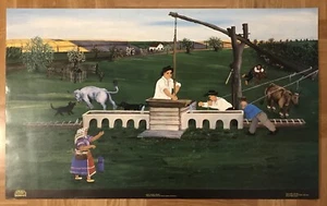 VINTAGE BIG ORIGINAL NAIVE ART POSTER PRINT-MARTIN PALUŠKA “WATER TROUGH” POJILO - Picture 1 of 11