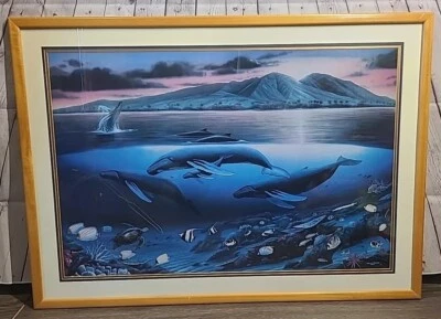 Wyland Maui Dawn 1992 Ocean Breaching jubarte baleia coral havaiano impressão emoldurada  - Imagem 1 de 4