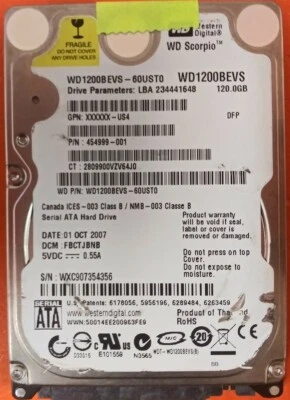 ⭐️⭐️⭐️⭐️⭐️ HDD Hard Drive SATA Laptop 2.5" WD1200BEVS-60UST0 120GB 454999-001 - Image 1 of 2