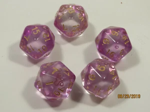 NUEVO JUEGO DE DADOS RPG de 5 D20 - Mysty Clear Violet con entintado dorado - Imagen 1 de 1