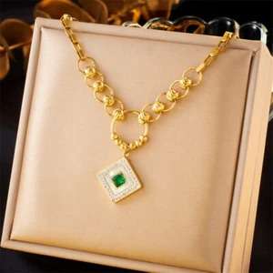Collana Ciondolo Quadrato Donna Oro 18K Acciaio Inox Verde Zircone Catena - Foto 1 di 4