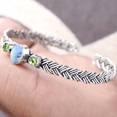 Rainbow Moonstone & Peridot Cut Bracelet 925 Sterling Silver Cuff Woman's Bangle - Image 1 of 4
