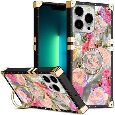 For Various Phone Glitter Laser Rose Flower Case +Ring Holder Shockproof Cover - Image 1 of 4