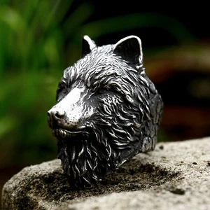 Vintage Bear Head Animal Ring Stainless Steel Men's Fierce Bear Biker Ring - Picture 1 of 2