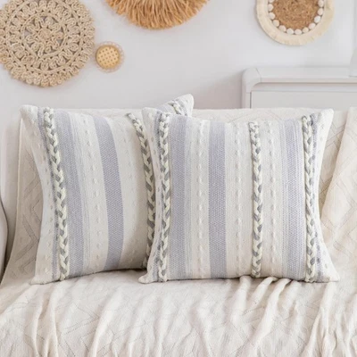 Grey Boho Striped Pillow Covers Set of 2-18x18 Inch Farmhouse Coastal Decorat... - Image 1 of 4