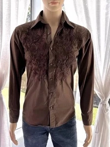 Brown Western Dress Shirt Size S Small Button Up Embroidered Roar Poplin Douce - Picture 1 of 6