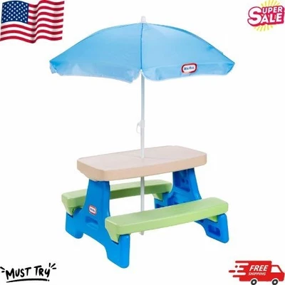 Mesa de picnic Easy Store Jr. con paraguas, azul/verde Foto 1 de 2