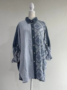 American Eagle Denim Wash Stripes Floral Oversized Patchwork Shirt Linen Blend M - Picture 1 of 8