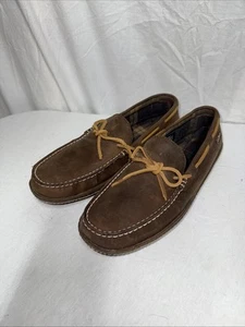 LL Bean Men Size 10 M Flannel Lined Slippers Brown Leather Moccasin Shoes EUC - Picture 1 of 10
