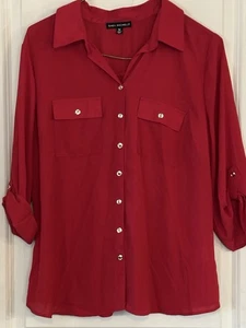 Blusa Sara Michelle Plus 1X Roja con Botones Manga con Pestaña Enrollable Top Vacaciones Nueva con Etiquetas - Imagen 1 de 10