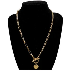 Collana Asimmetrica Catena Grumetta e Forzatina Allungata con Cuore Plain Penden - Picture 1 of 1