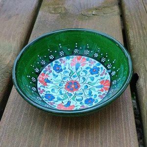 Vintage Handmade Turkish Ceramic Bowl Hand Painted Floral Motiff Folk Art Signed - Picture 1 of 7