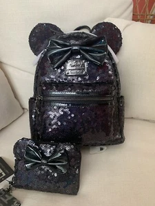 Loungefly Disney Celestial Dreams Black Sequin Minnie Mini Backpack and Wallet - Picture 1 of 12