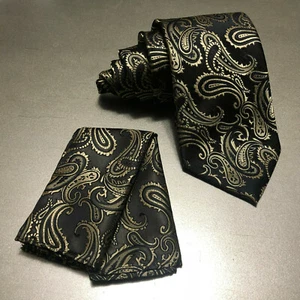 Cravatta da collo Brand Q Paisley oro nero tono su tono set fazzoletto festa matrimonio ballo - Foto 1 di 1