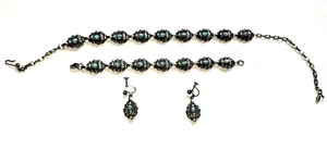 Vintage Blue Stone w/Faux Pearl Silver Choker + Bracelet + Clip-on Earrings - Picture 1 of 5