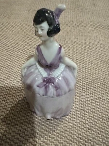 Antique German Lady in Purple Dress 5.5” Porcelain Powder Doll Box Jar - #5633 - Picture 1 of 20