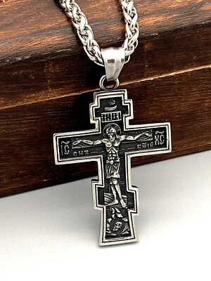Edelstahl Anhänger Kreuz Jesus Orthodox Kruzifix Silber Herren Halskette - Bild 1 von 4
