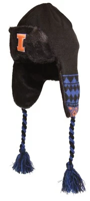 Illinois Fighting Illini NCAA Black Fur Trapper Style Beanie Winter Hat - Image 1 of 4