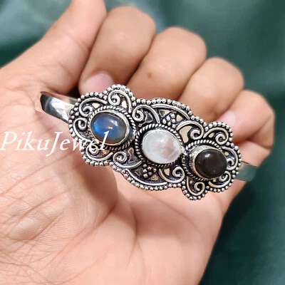 Mondstein mit Labradorit Edelstein Armband 925 Sterling Silber Designer Armreif - Bild 1 von 4