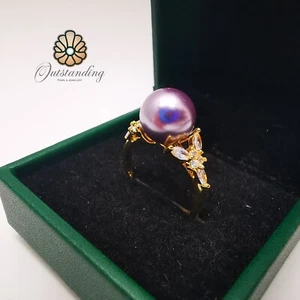 Genuine 10mm Tahitian Violet Pearl Adjustable Ring 9ct Gold Filled Lab Diamond - Picture 1 of 21