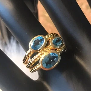 WOMEN’S STERLING SILVER WITH GOLD PLATE BLUE TOPAZ RING SZ 7 - Picture 1 of 12