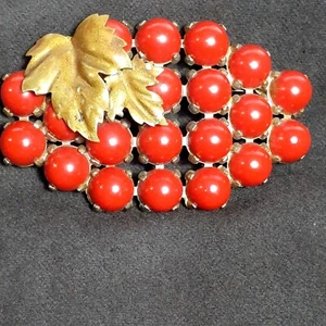 Rare Vintage Coral Bakelite Brooch Pin With Leaf Detail Circa 1940’s FT15 - Picture 1 of 8